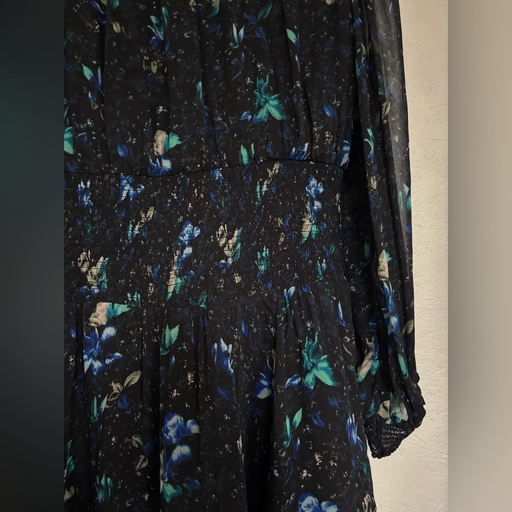 Anthropologie Blue Floral Long Sleeve V Neck Ruched Flowy Mini Boho Dress - Picture 12 of 14